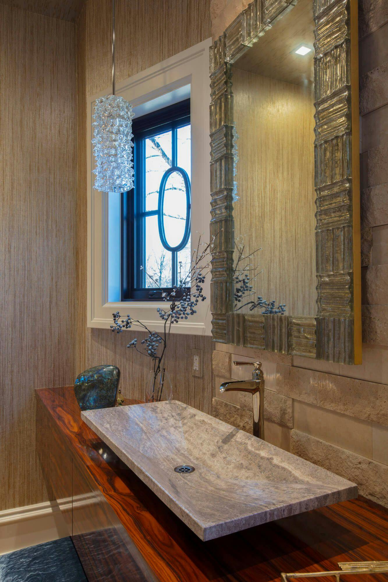 large wooden vanity bathroom wih single sink