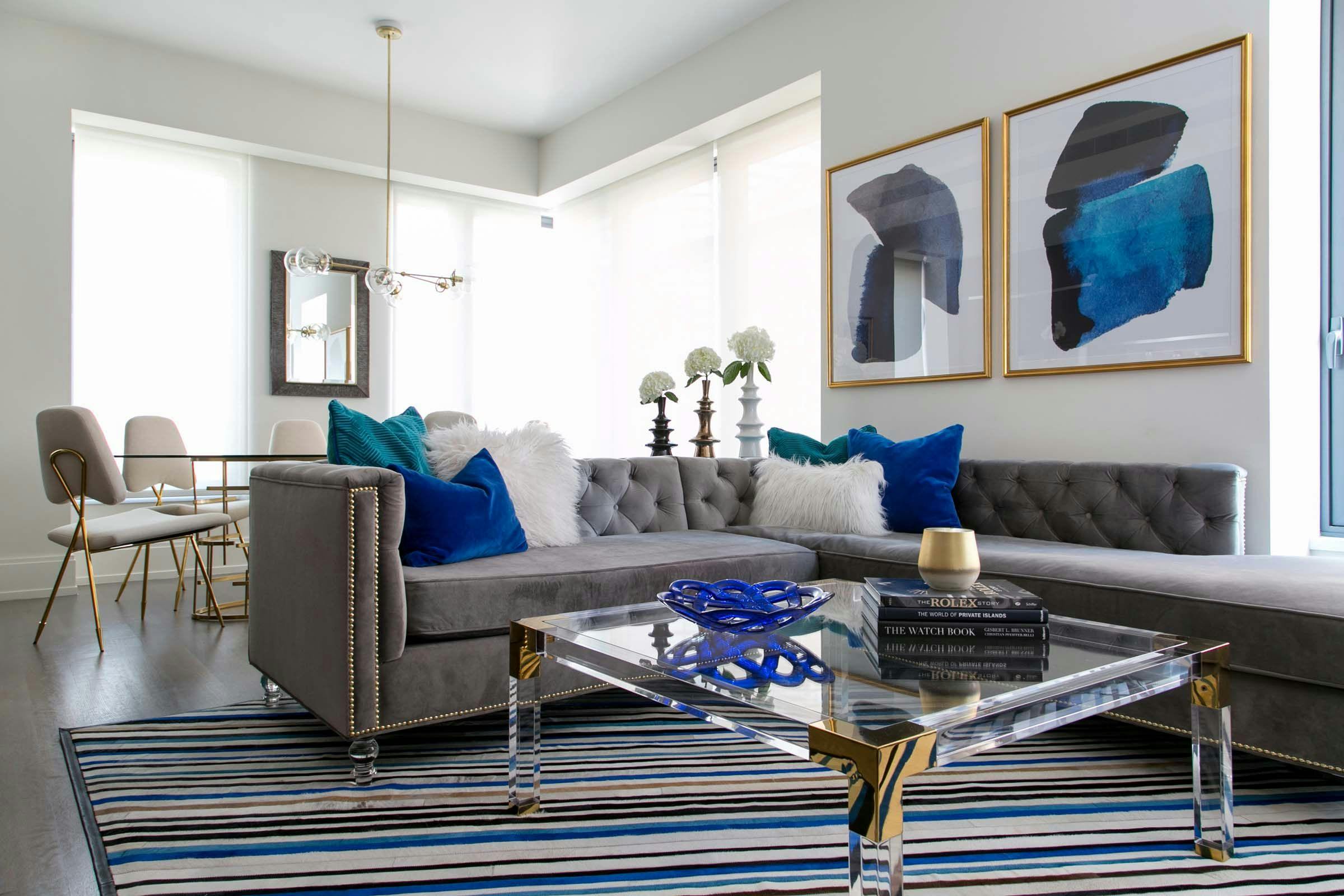 50th ST living room with blue accents