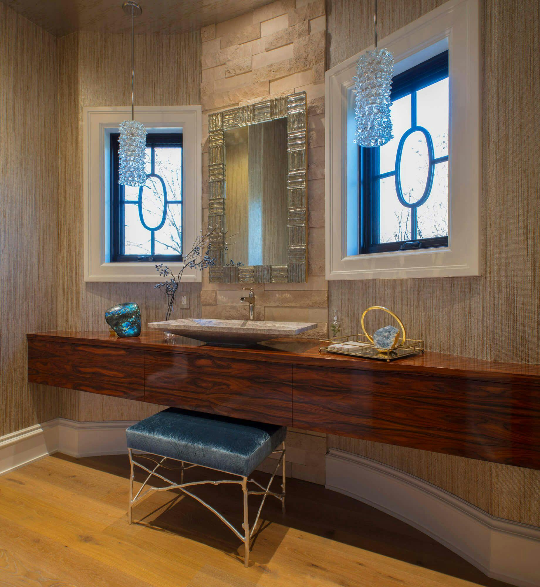 large wooden vanity bathroom with chair
